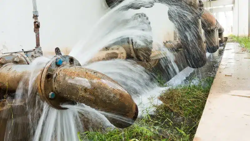 metal pipe with valve is leaking in water treatment plant tuyaux en métal fuyant